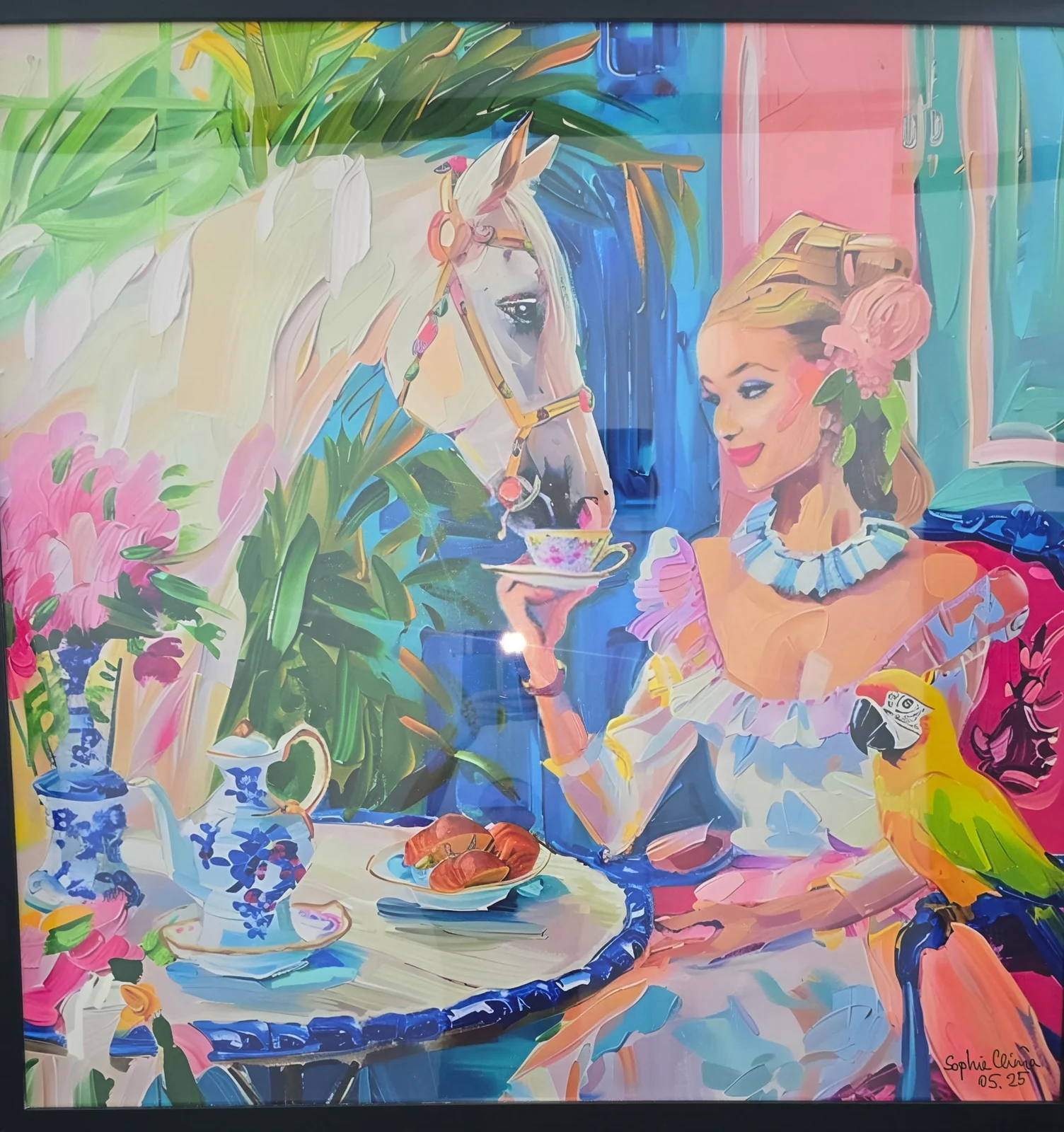 Colorful painting of a whimsical tea party