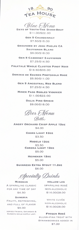 Current Wine, Beer, and Specialty Drinks menu and prices