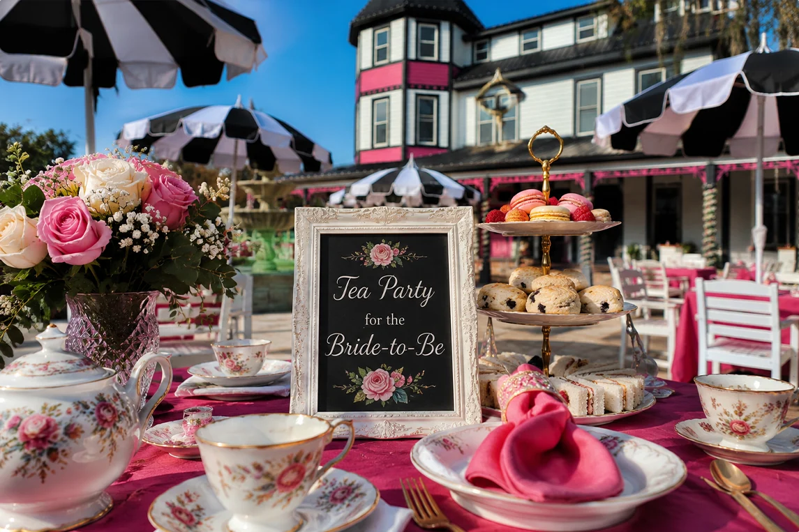 Elegant bridal shower tea table with pink flowers and tiered treats