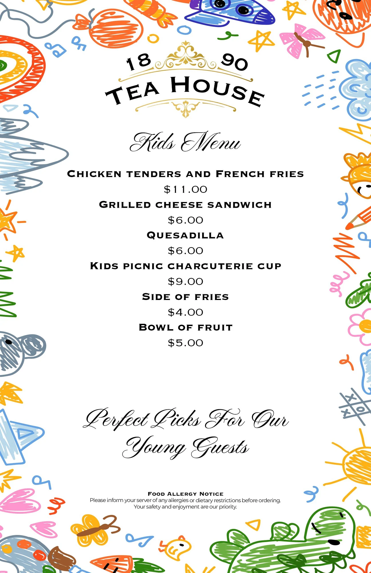 Kids Menu with sandwiches, chicken tenders, fries, fruit, and charcuterie