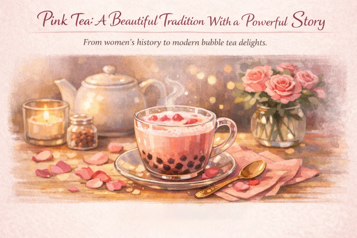 Pink tea served in a glass cup beside flowers