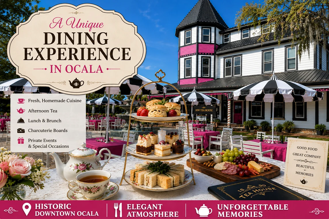 A bright spread of tea, sandwiches, fruit, and sweets at 1890 Tea House