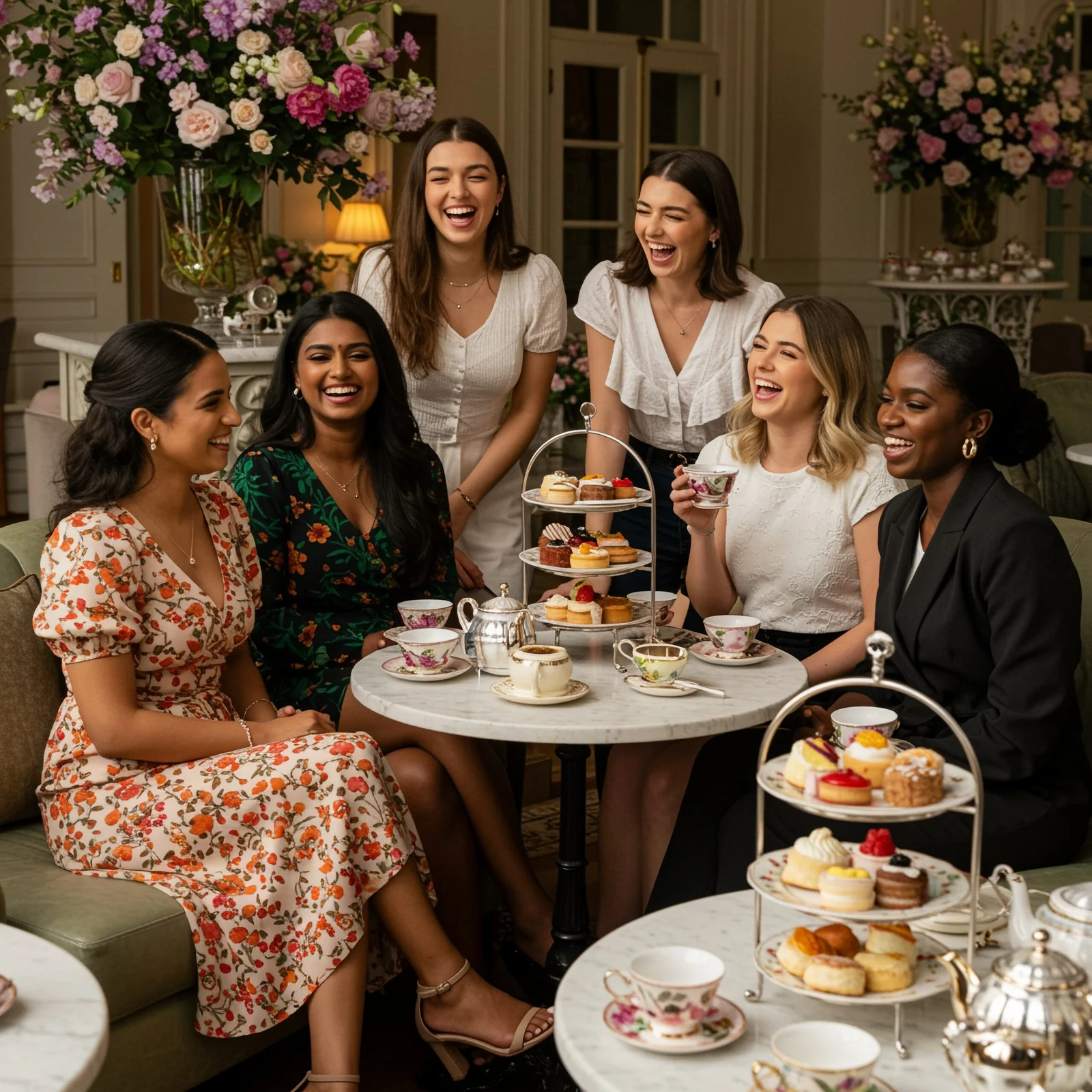 Traditional tea service with flowers and delicate china